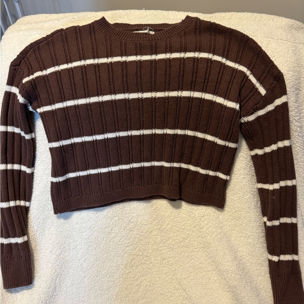 Brown with white stripe cropped long sleeve sweater